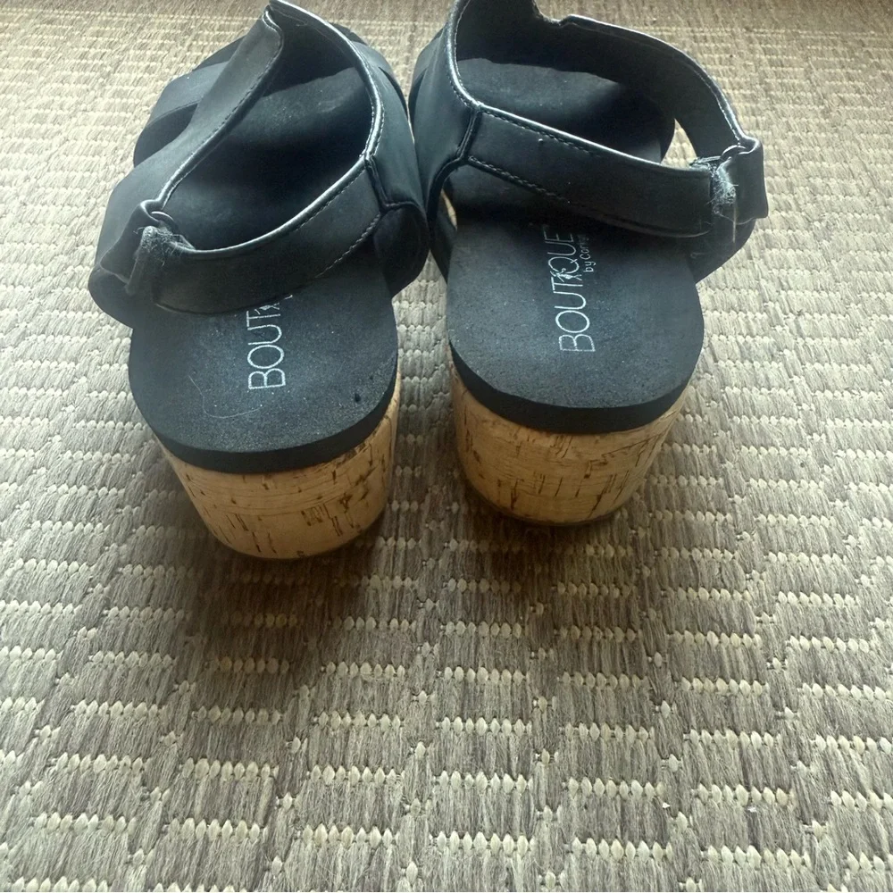 Corkys Boutique Black Wedge Sandals Size 9 Platform Slingback Cork Heel Shoes